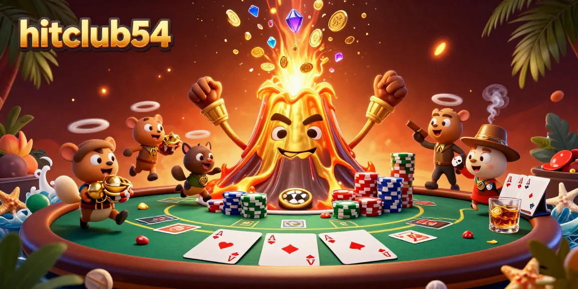 Experience hitclub54's thrilling atmosphere with a vibrant golden volcanic scene erupting treasure and poker excitement.