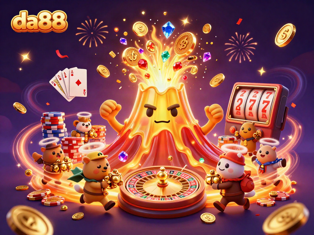 Engage in thrilling slot action at da88 with cascading coins and vibrant casino elements.