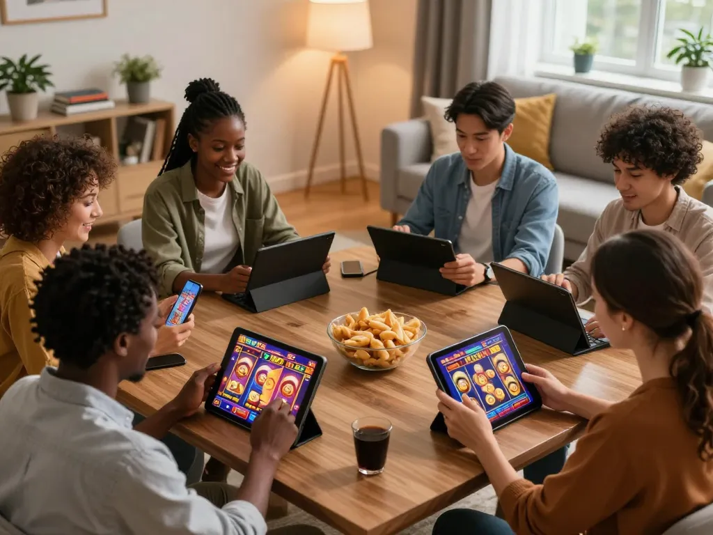 Players enjoying LGOSUPER LOGIN slots on tablets in a cozy home setting filled with snacks and warm lighting.