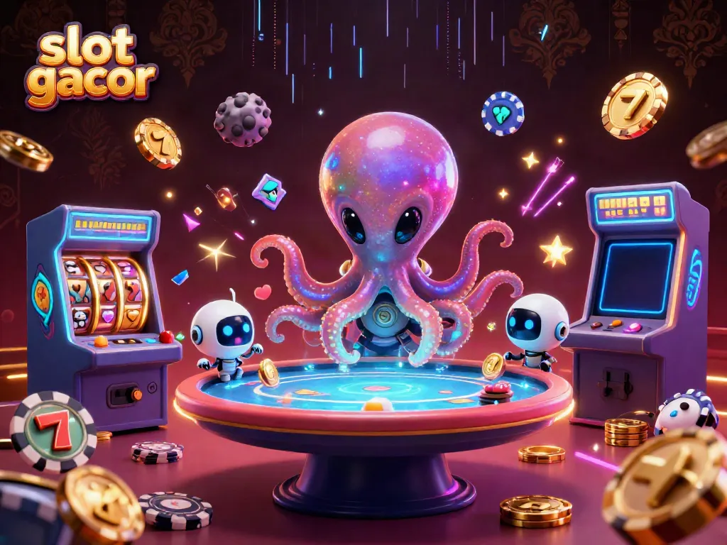 Engage in thrilling slot gacor experiences with a vibrant 3D alien octopus at a holographic poker table.