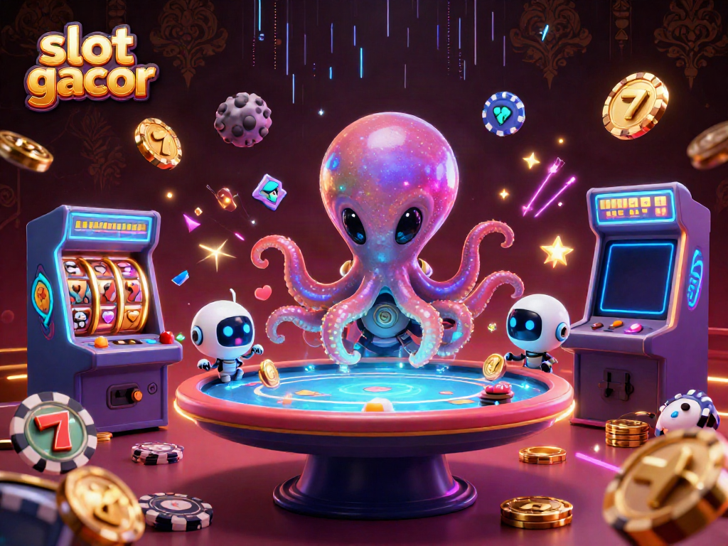 Engage in thrilling slot gacor experiences with a vibrant 3D alien octopus at a holographic poker table.