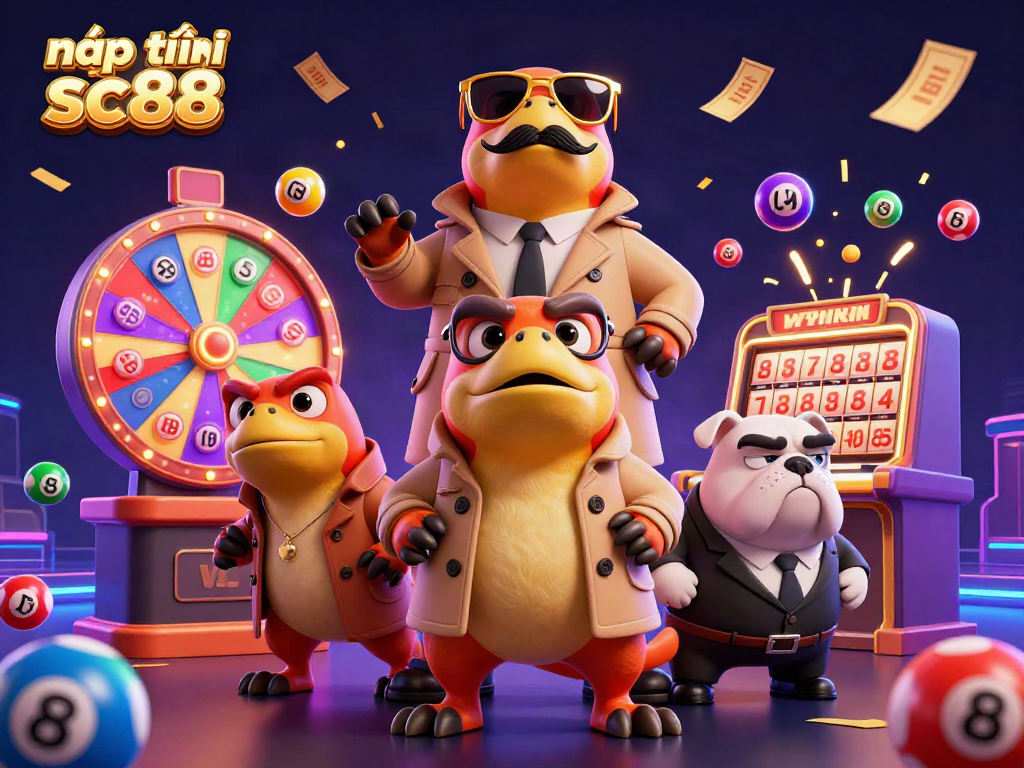 Engage with nạp tiền sc88 in this vibrant casino scene with three raptors and a bulldog bouncer.