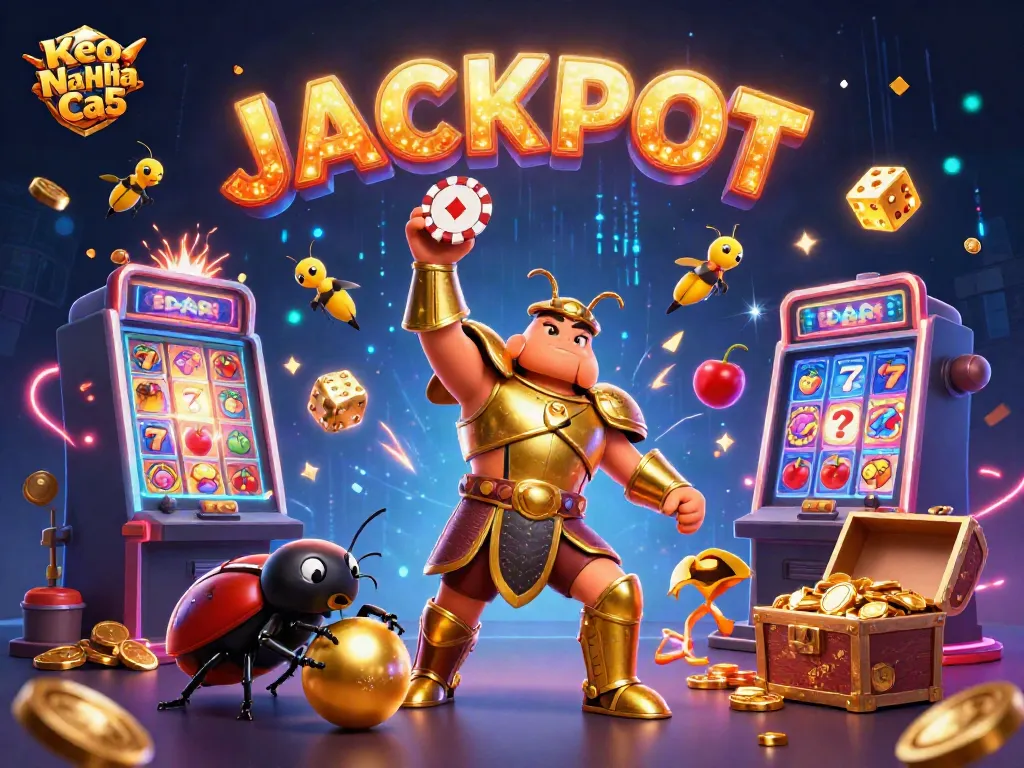 Experience the magic of Keo Nha Cai 5 with exciting 3D casino elements and lively characters celebrating a jackpot.