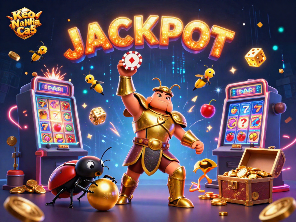Experience the magic of Keo Nha Cai 5 with exciting 3D casino elements and lively characters celebrating a jackpot.