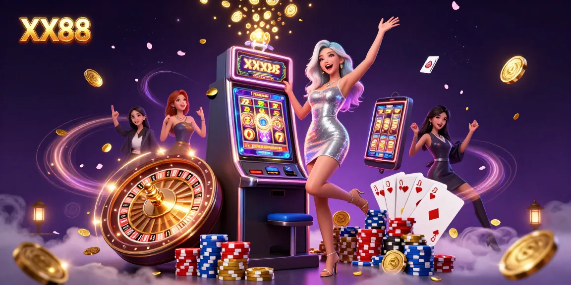 Win big with XX88 while celebrating a jackpot at a lively casino scene.