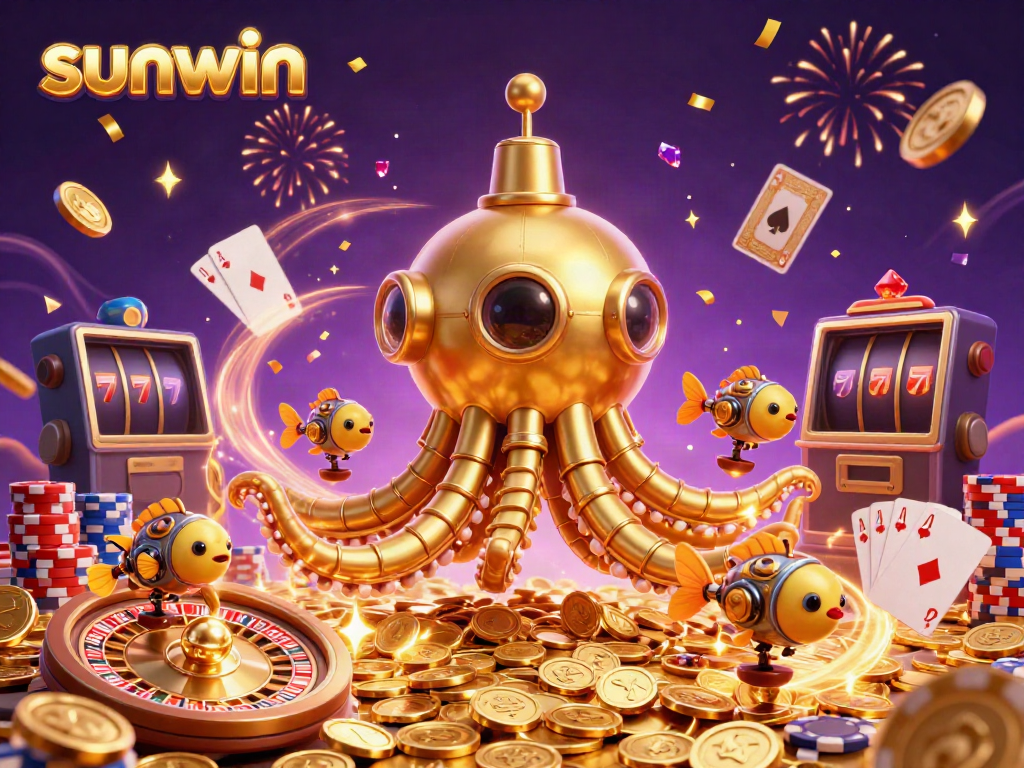 Experience thrilling gameplay with sunwin's vibrant 3D casino scene featuring a submarine kraken and festive elements.