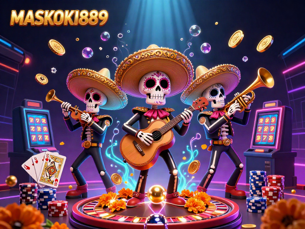 Experience the excitement of MASKOKI889 as a colorful mariachi band performs amidst cascading coins and casino elements.
