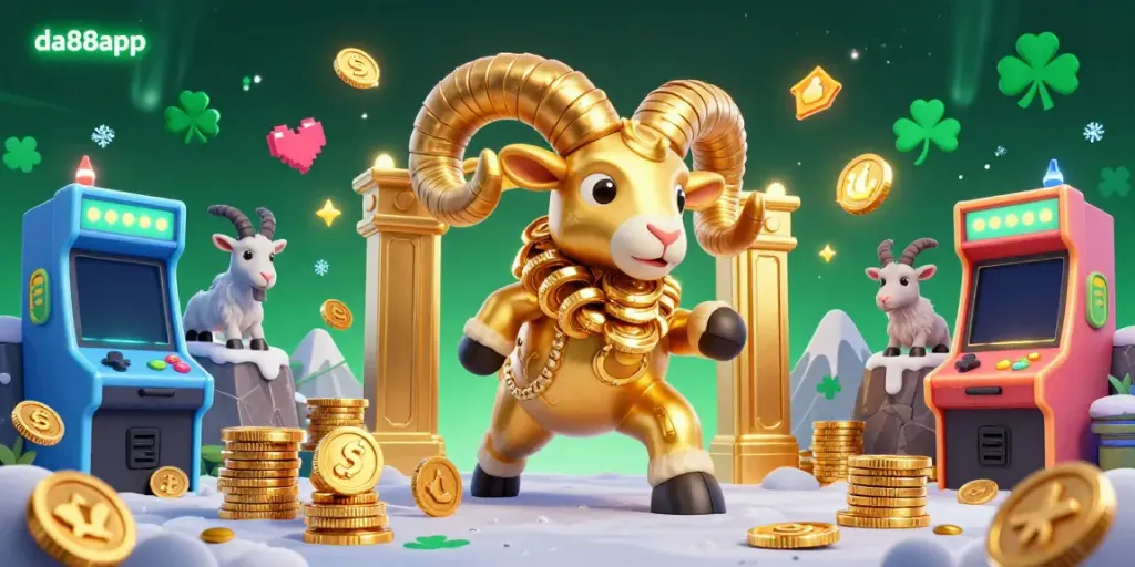Experience thrilling gameplay at da88app with a dynamic casino illustration featuring a golden ram charging through a vibrant gaming scene.