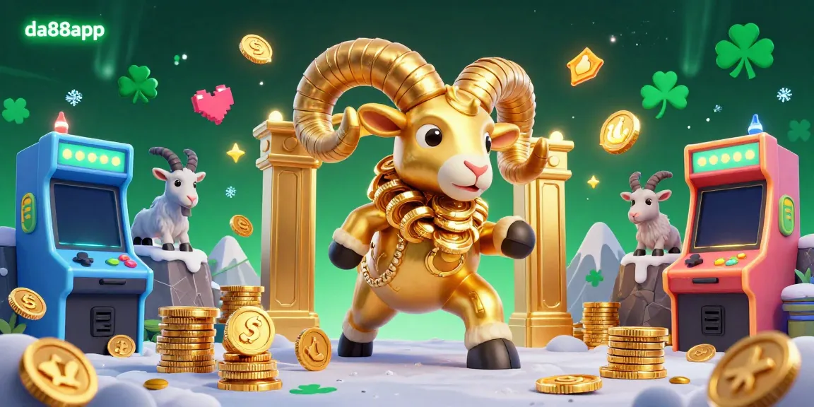 Experience thrilling gameplay at da88app with a dynamic casino illustration featuring a golden ram charging through a vibrant gaming scene.