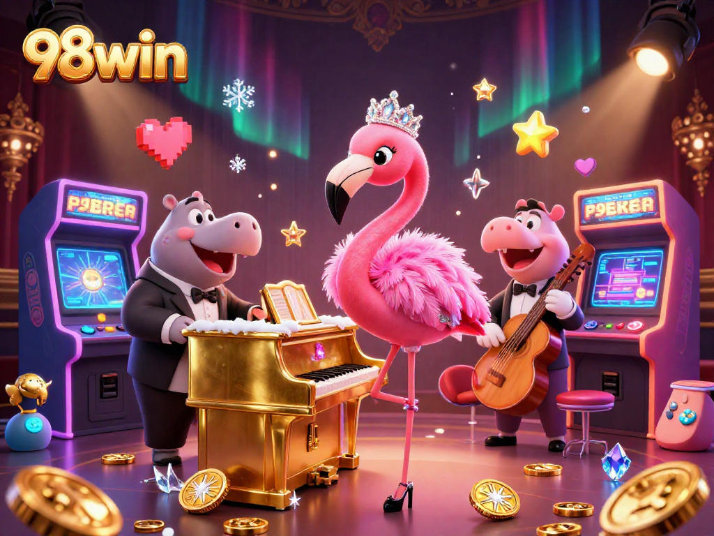 Experience the vibrant energy of 98win with a lively casino scene featuring animated characters and gaming elements.