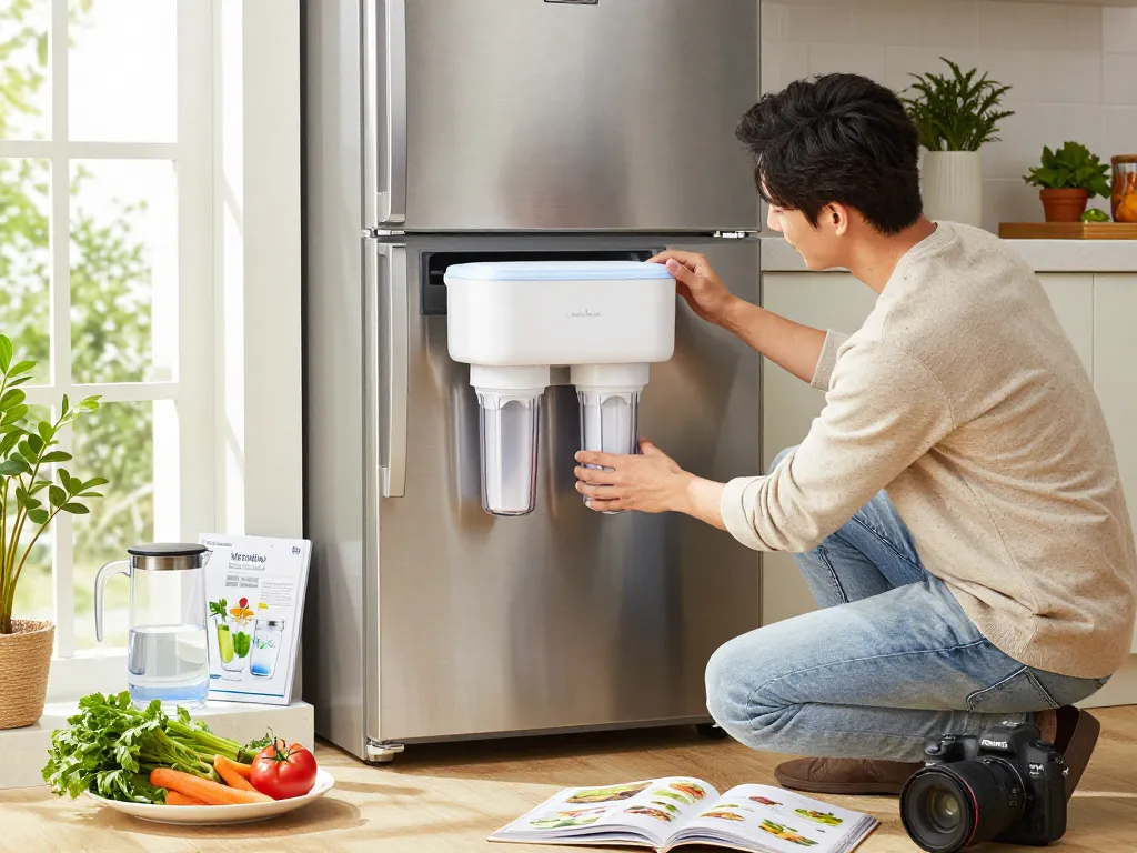 Homeowner installing Waterdrop UKF8001 Refrigerator Water Filter 4 in a modern kitchen with fresh ingredients.