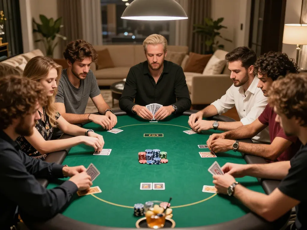 Engaged players at a private poker game strategizing while enjoying drinks, highlighting take2 gaming action.
