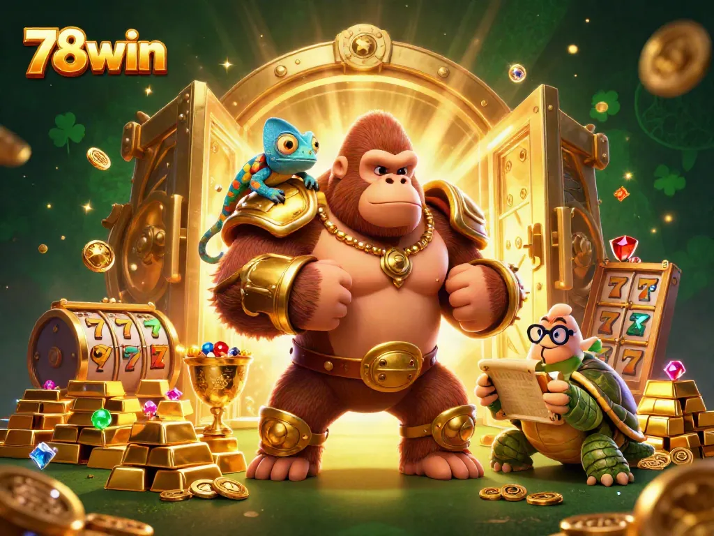 Engage in casino excitement with 78win's vibrant characters and treasures in a thrilling scene.