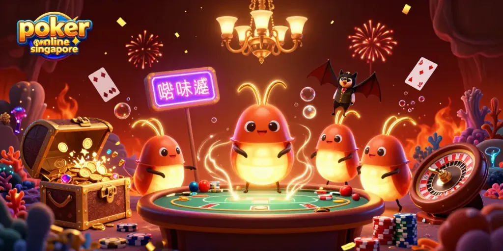 Experience the thrill of poker online singapore in a vibrant, illuminated cave casino scene.