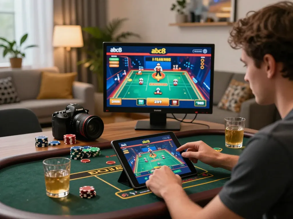 Player exploring abc8 casino app on tablet while enjoying a home gaming session
