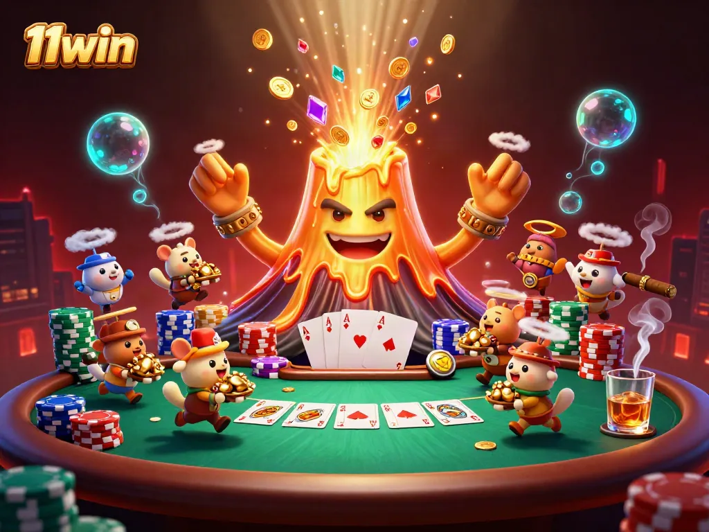 Join the thrill of 11win with a dynamic casino scene of treasure and poker excitement.