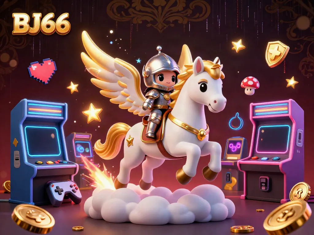 Experience the excitement of BJ66 with a vibrant 3D casino themed scene featuring a celestial horse and interactive game elements.