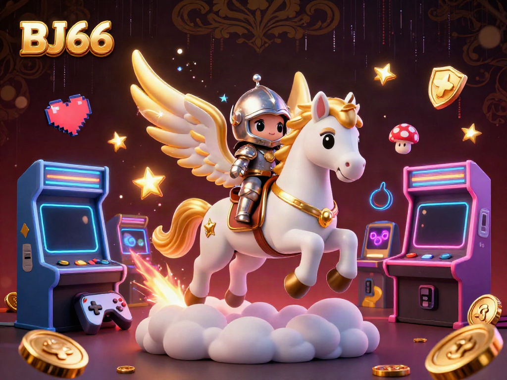 Experience the excitement of BJ66 with a vibrant 3D casino themed scene featuring a celestial horse and interactive game elements.