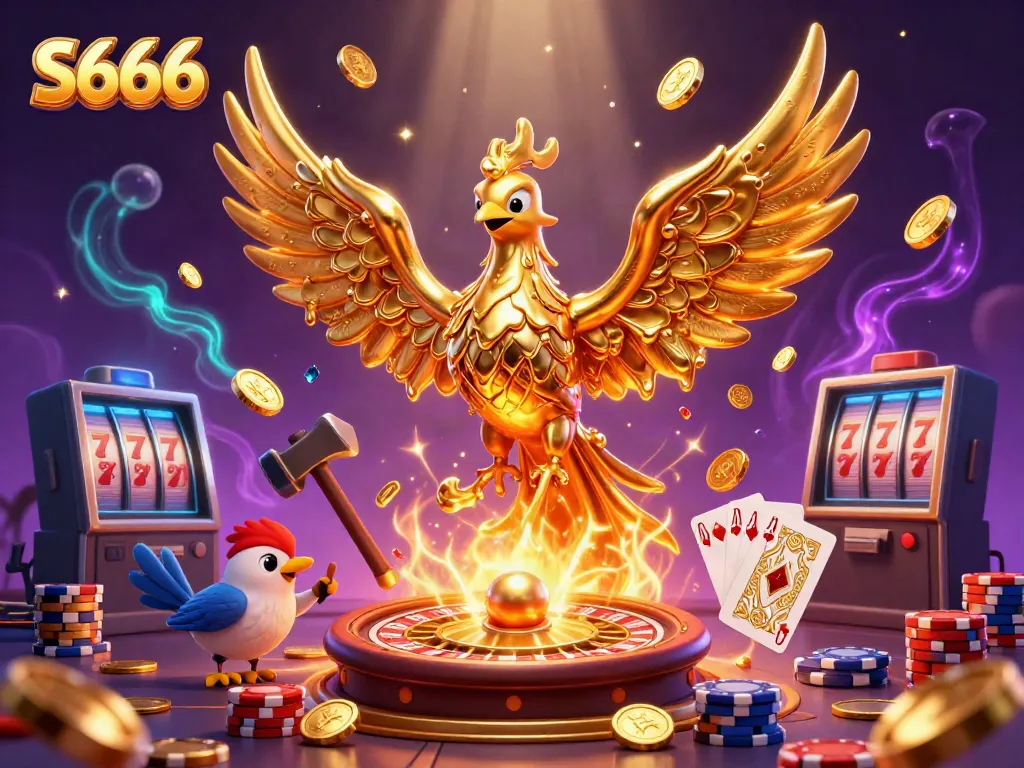 S666 captivates players with a dynamic 3D scene featuring a molten metal phoenix amidst casino elements, showcasing the excitement of gaming.