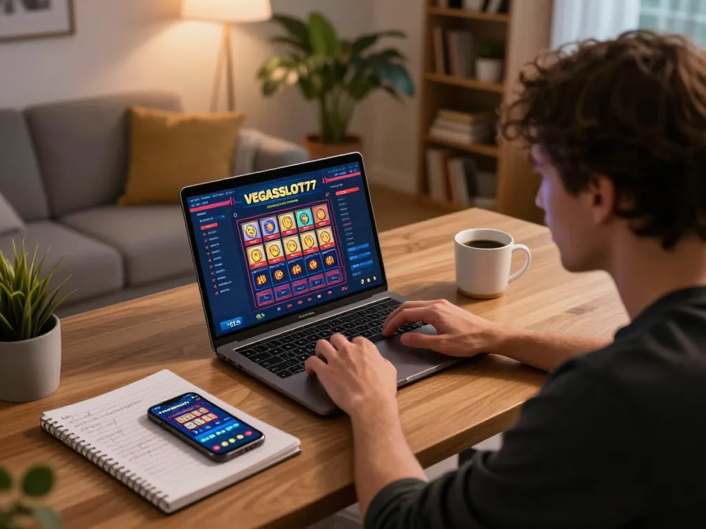 Player engaging with VEGASSLOT77 online casino on laptop, cozy gaming setup with strategy notes