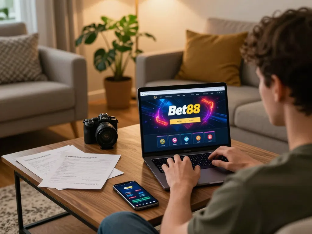 Engaged player enjoying Bet88 online gaming experience, balancing strategy and comfort in a cozy setting.