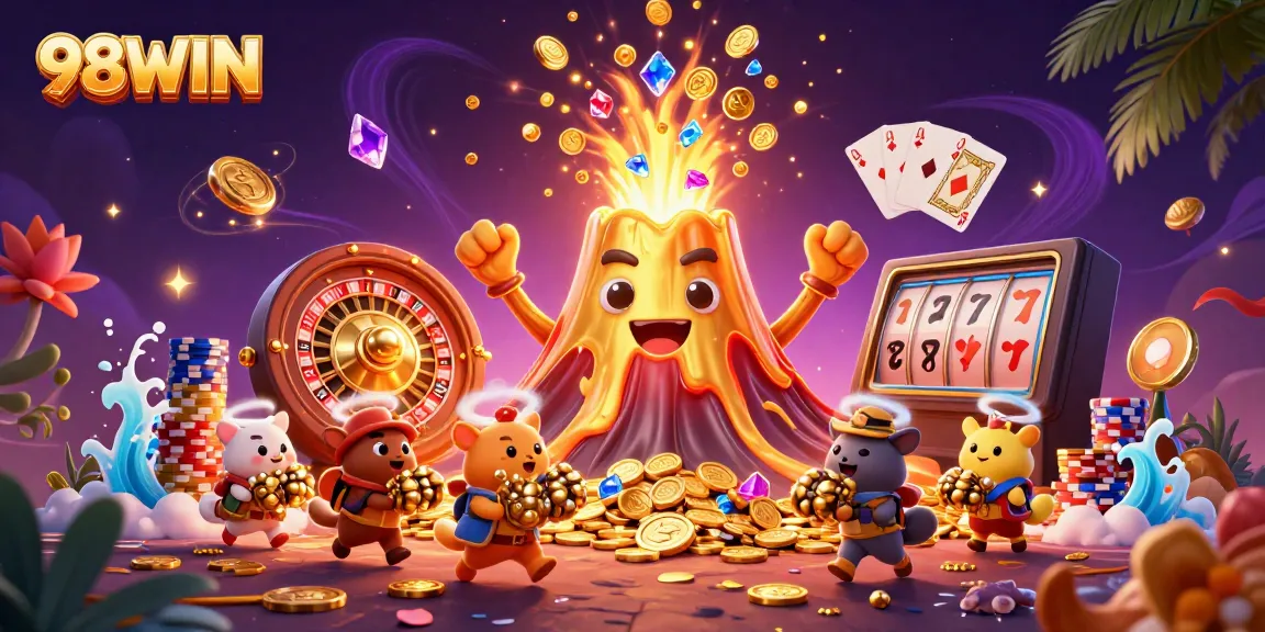 Experience the thrill of 98WIN with a vibrant illustration of treasures and gaming excitement.