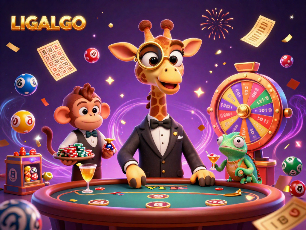 Experience the thrill of LIGALGO with exciting lottery balls and lively characters in a vibrant casino scene.