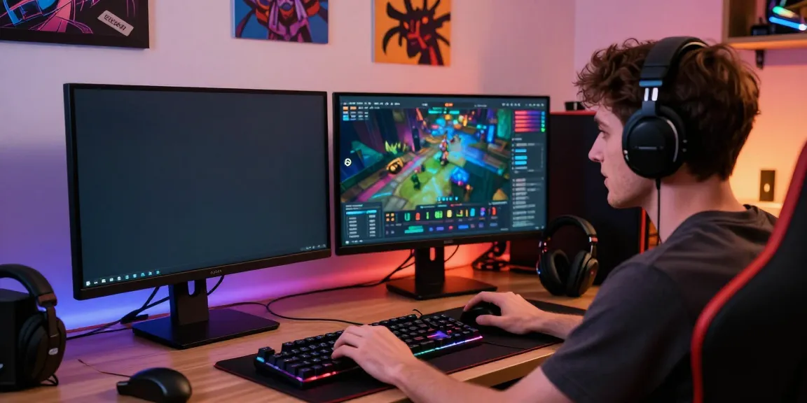 Exciting gaming experience at H19 with vibrant graphics on two screens.