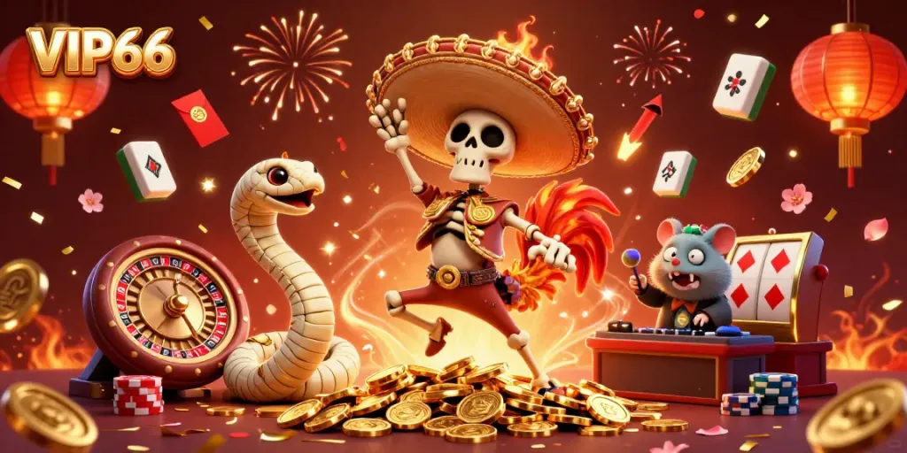 Win big at VIP66 with vibrant casino celebration featuring unique characters and festive elements.