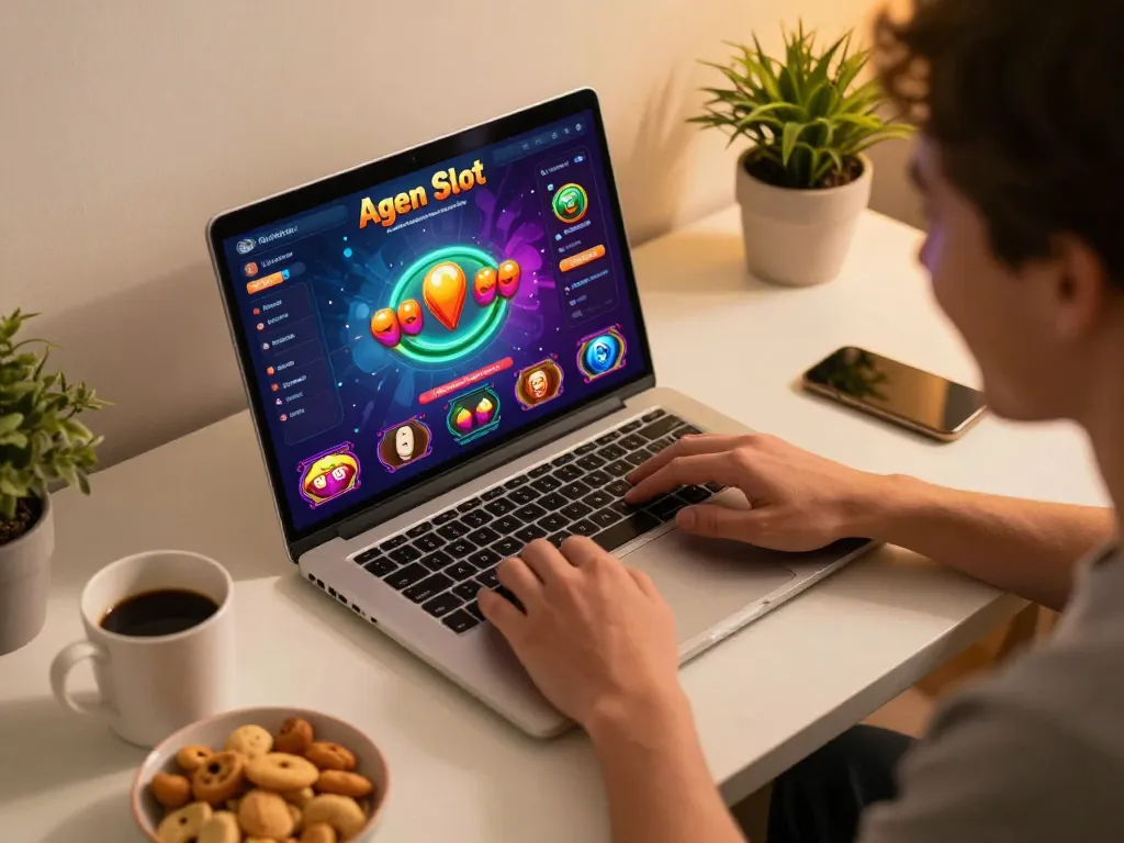 Person enjoying Agen Slot online gameplay on a sleek laptop, displaying vibrant interface with warm lighting.