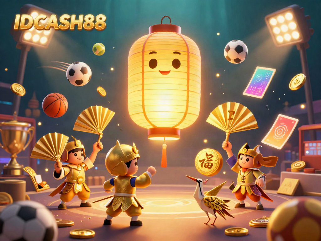 IDCASH88 showcases thrilling gaming energy with vibrant spirits, sports elements and golden coins at a casino.