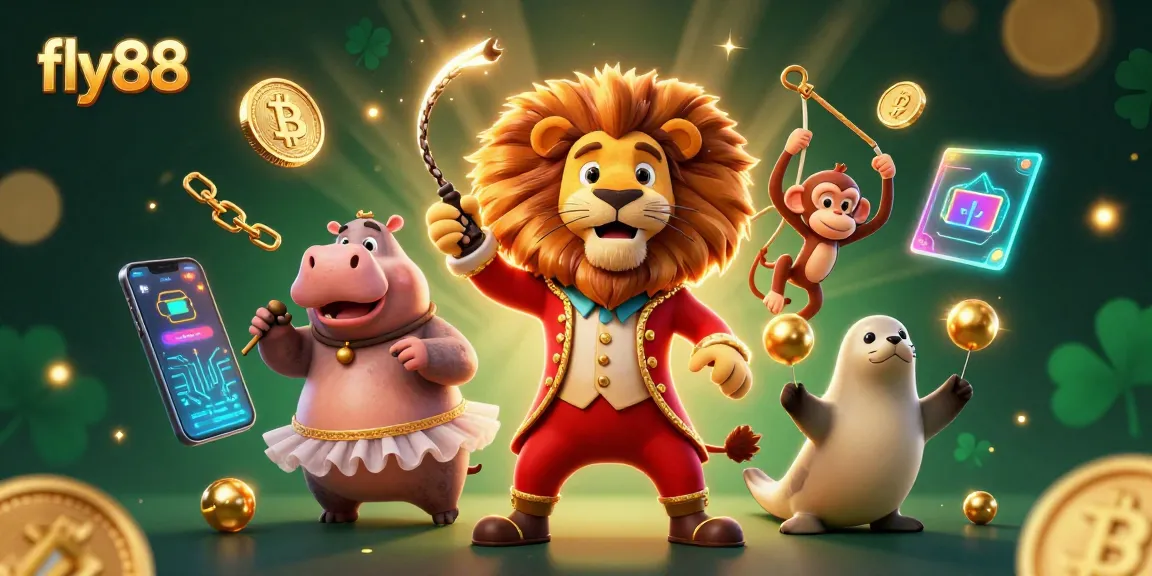 Experience the thrill of fly88 with vibrant 3D Circus characters, cryptocurrency elements, and casino excitement.