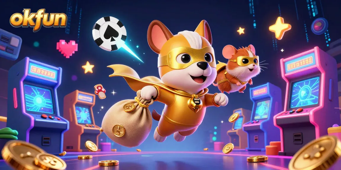 Experience the thrill of winning at okfun with this vibrant 3D casino illustration featuring dynamic characters and engaging game elements.