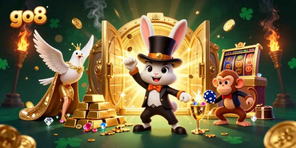 Experience the vibrant go8 casino atmosphere, as a magician rabbit pulls coins and a monkey steals chips!
