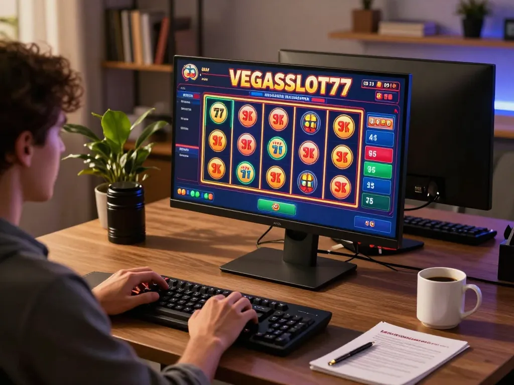 Engaged player enjoying VEGASSLOT77 online slots in a cozy gaming setup, demonstrating responsible gambling.