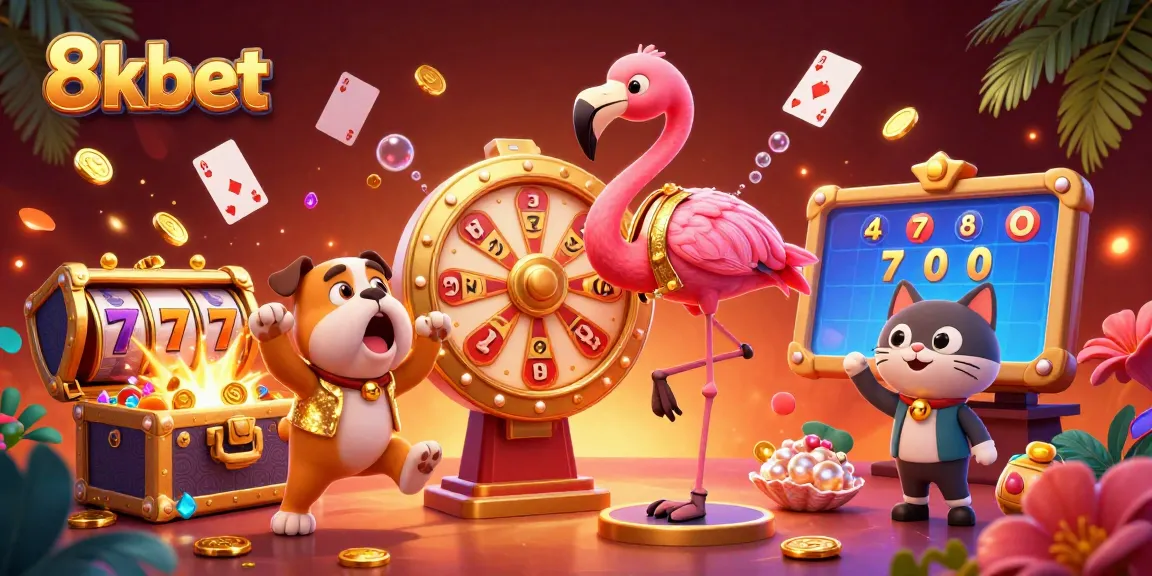 Engage with the thrill of 8xbet's casino scene featuring a flamingo game show host and vibrant slot reels.