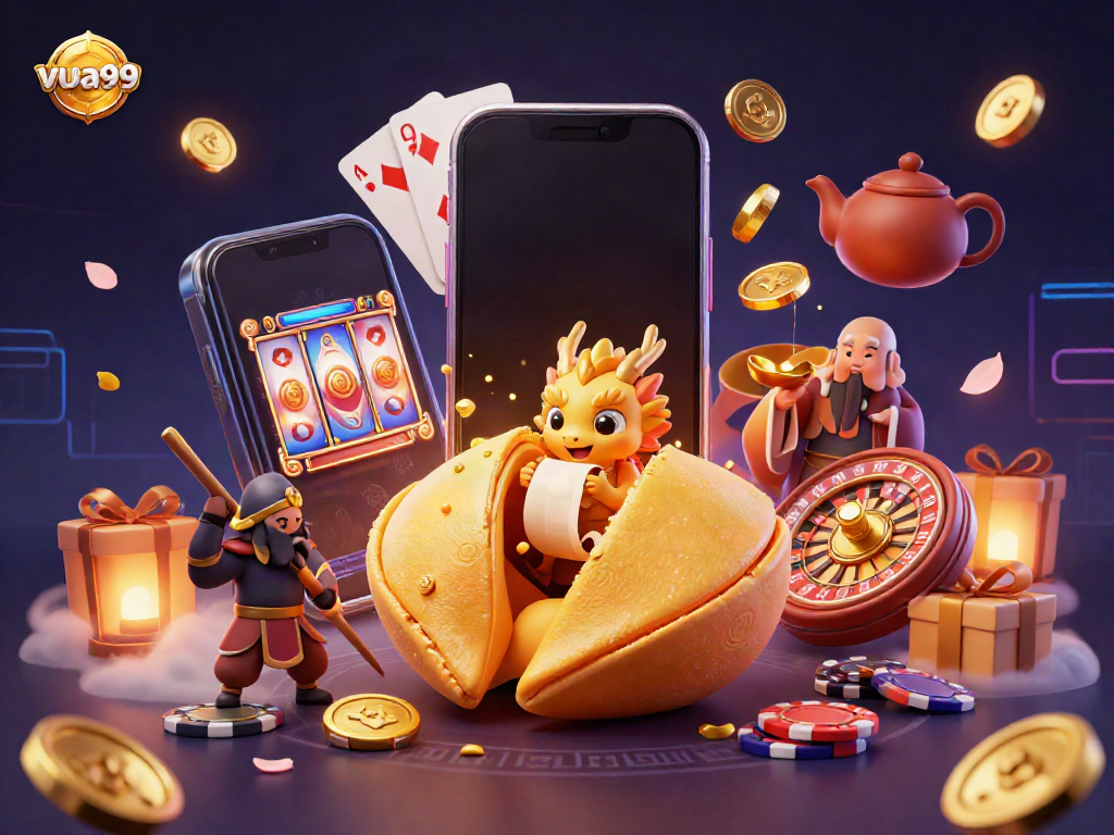 Experience exciting online gaming with vua99, featuring a golden fortune cookie and dynamic slot games.