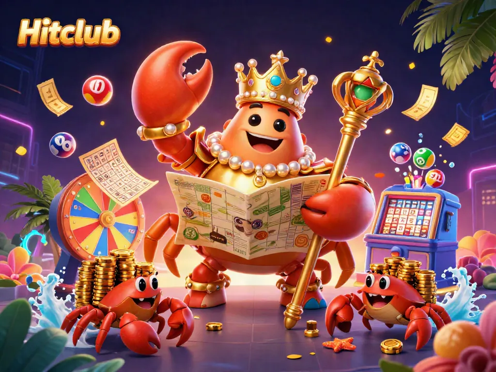 Hitclub showcases an exciting casino scene with a golden crab emperor and gambling elements.