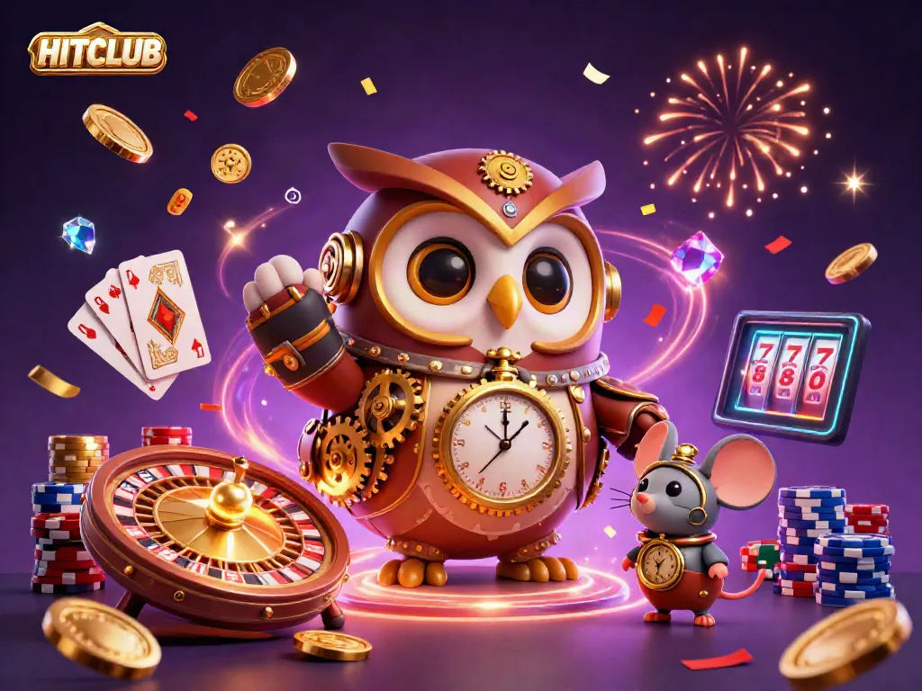 HITCLUB's vibrant casino scene showcases an owl and mouse with lavish casino elements.