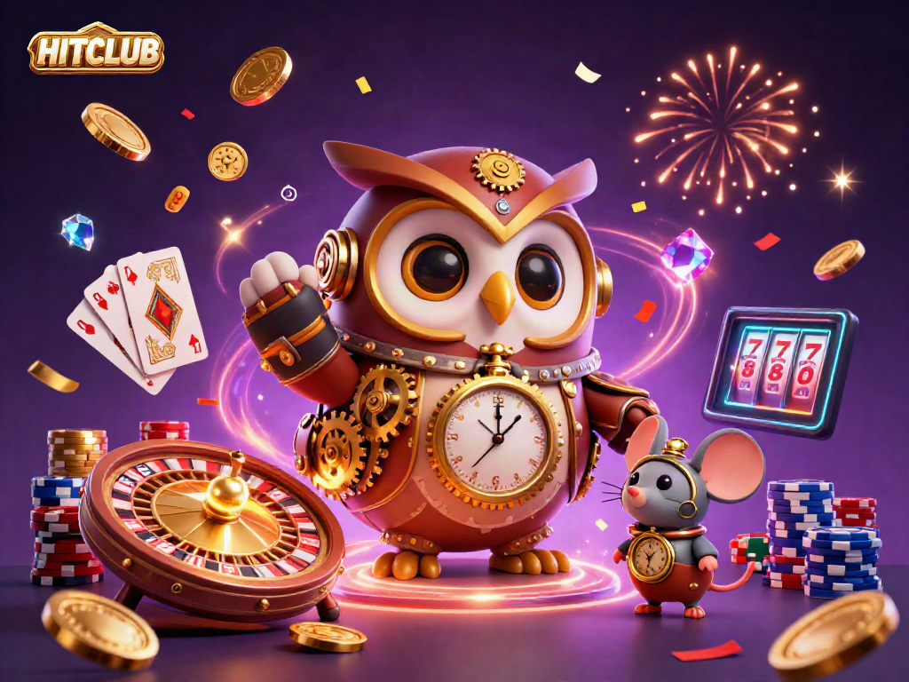 HITCLUB's vibrant casino scene showcases an owl and mouse with lavish casino elements.