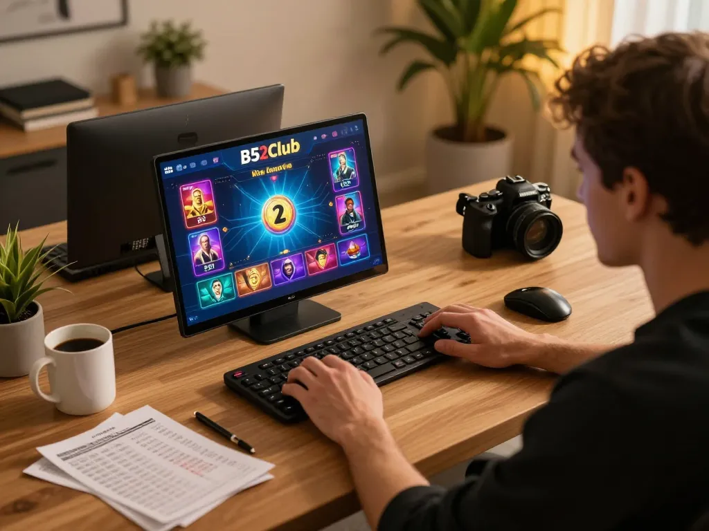 B52club player engaging with live dealer games on a laptop in a cozy home setup.