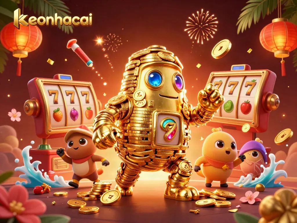 Spin the reels with keonhacai as golden golems and slot elements illuminate the casino scene.
