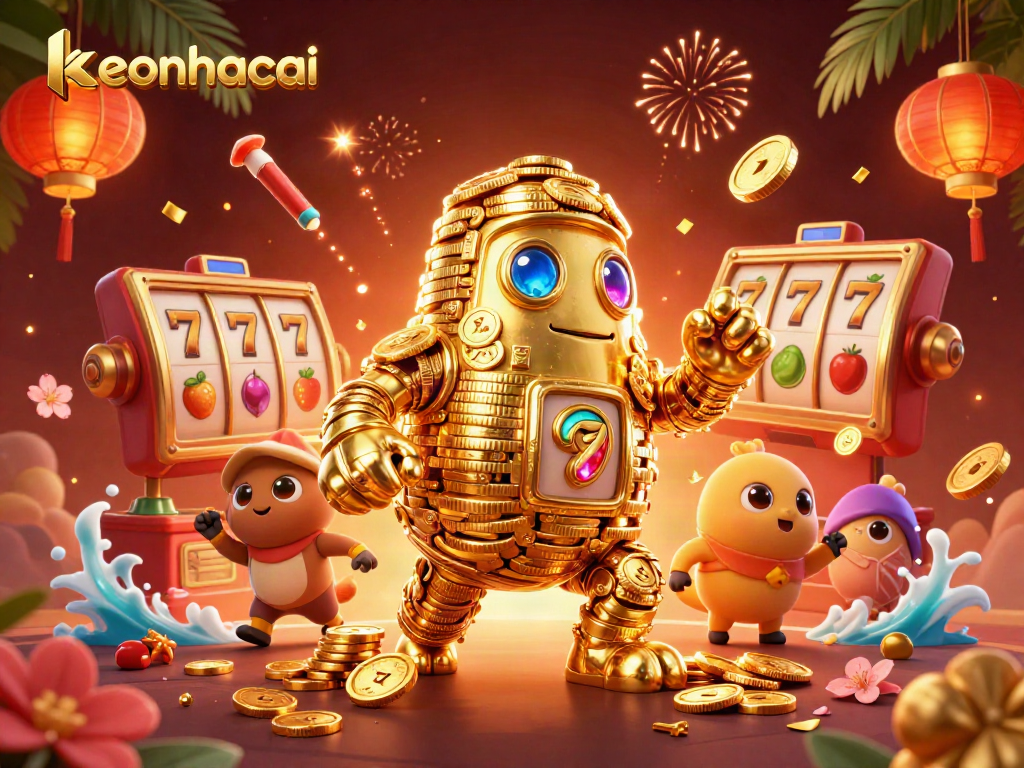 Spin the reels with keonhacai as golden golems and slot elements illuminate the casino scene.
