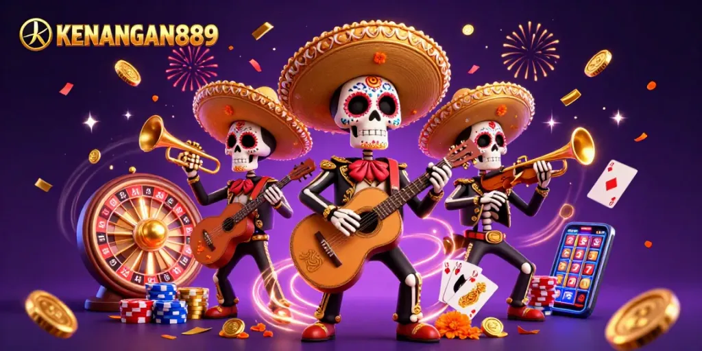 KENANGAN889 showcases a vibrant mariachi band amidst cascading coins and a spinning roulette wheel, celebrating gaming excitement.