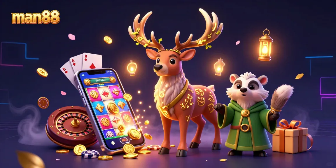 Experience man88's thrilling casino adventure featuring a mystical druid stag surrounded by gaming elements.