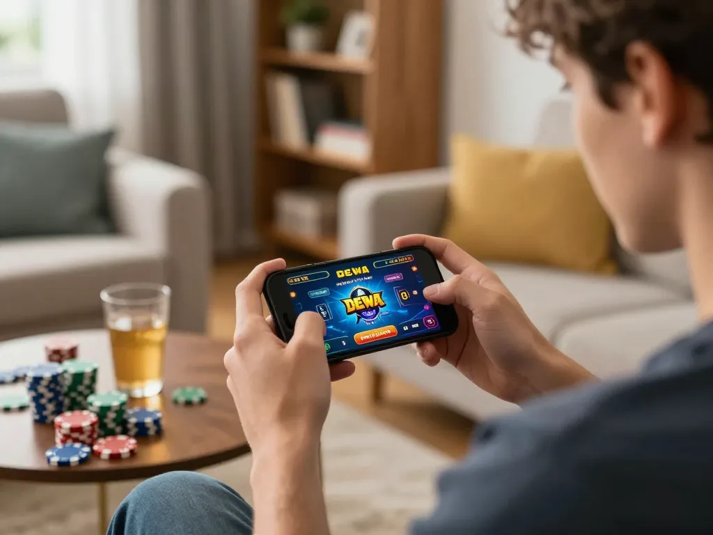 Player enjoying UG DEWA mobile casino game in a cozy living room setting, focused and engaged.