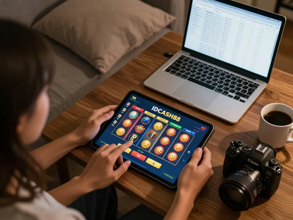 Engaging gameplay on IDCASH88 Slot in a cozy home setup with tablet, inviting player interaction.