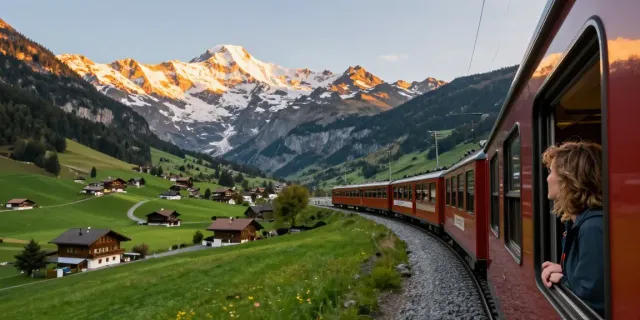 Travel experience on a train ticket journey through the Swiss Alps, showcasing stunning landscapes and adventurous spirit.