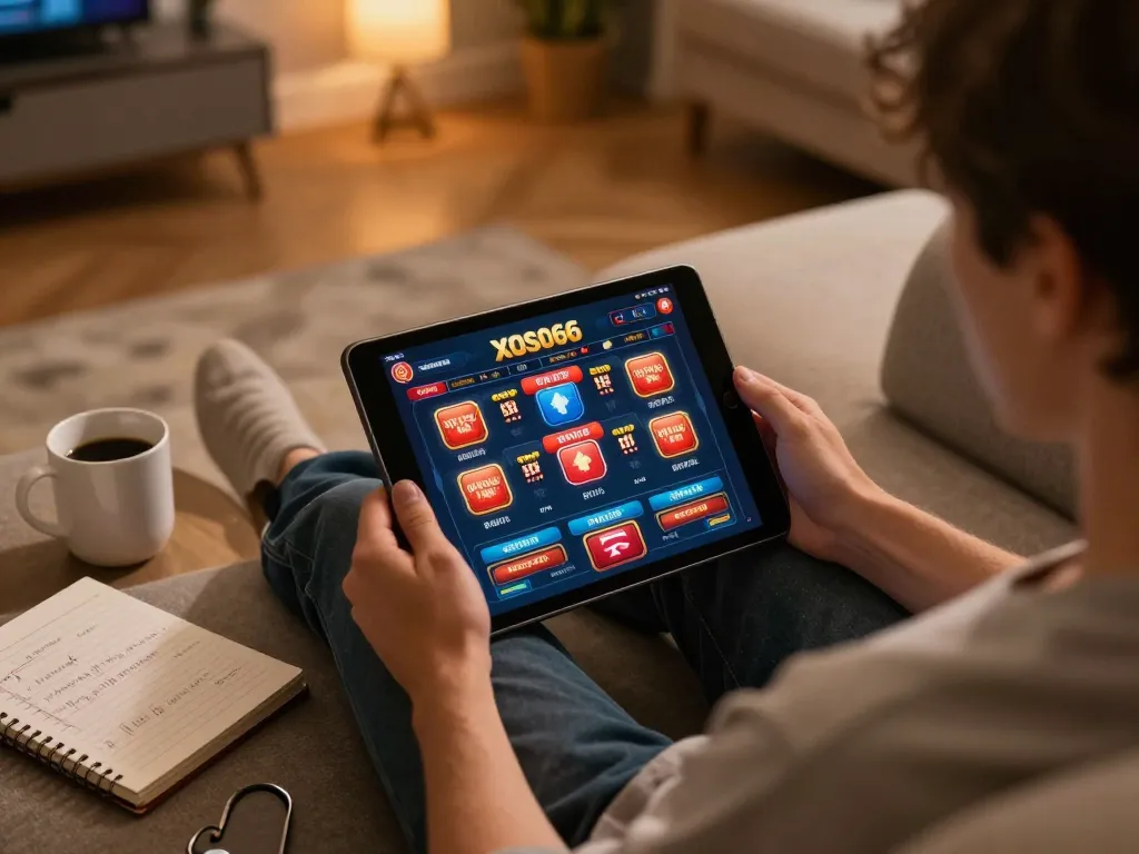 Engaging XOSO66 online casino gaming experience with user on tablet.
