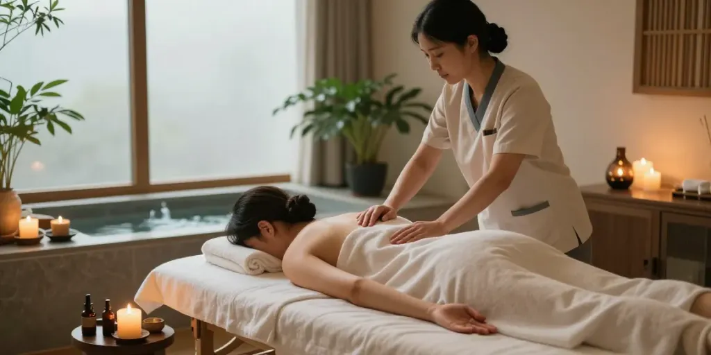 Relaxing 분당출장안마 therapy session in a tranquil spa environment, featuring candles and soothing ambiance.